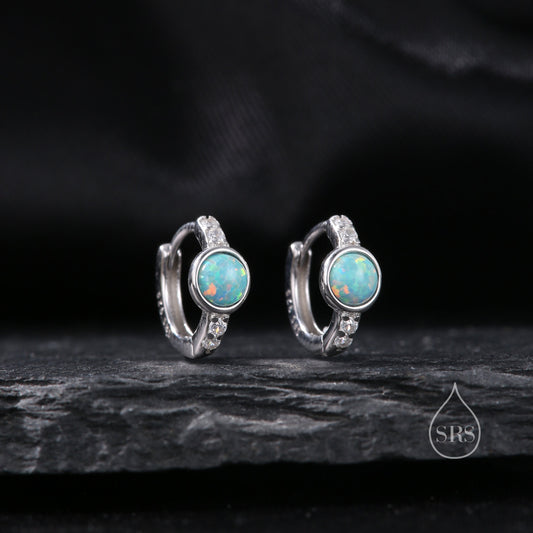 Aqua Green Opal CZ Huggie Hoop Earrings in Sterling Silver, Silver or Gold, Tiny Opal Hoops, Opal Hoops, Single Opal Hoops