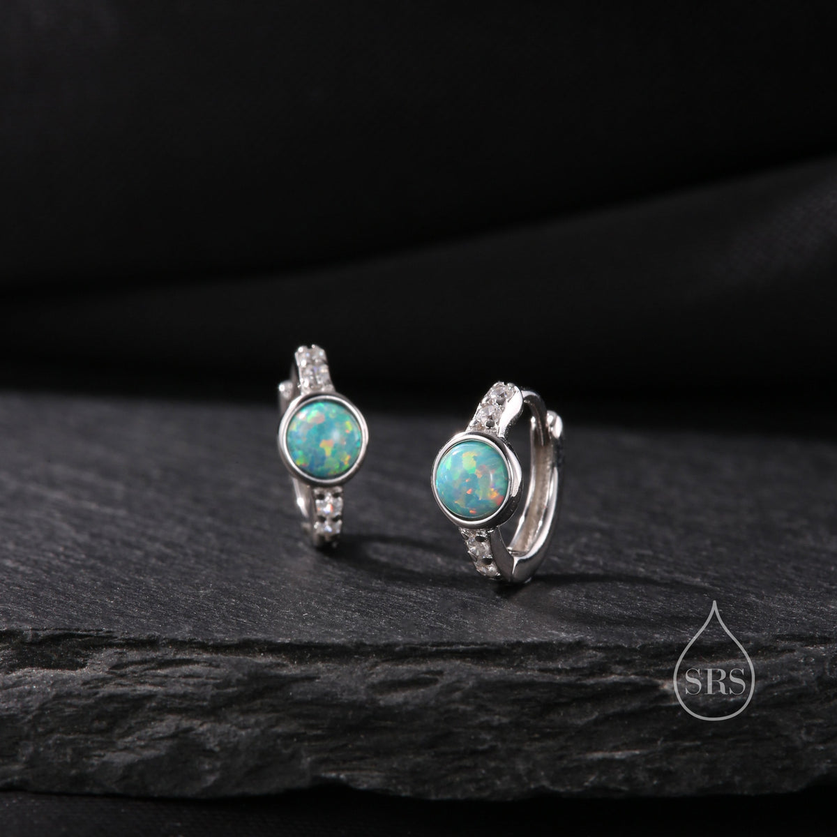 Aqua Green Opal CZ Huggie Hoop Earrings in Sterling Silver, Silver or Gold, Tiny Opal Hoops, Opal Hoops, Single Opal Hoops