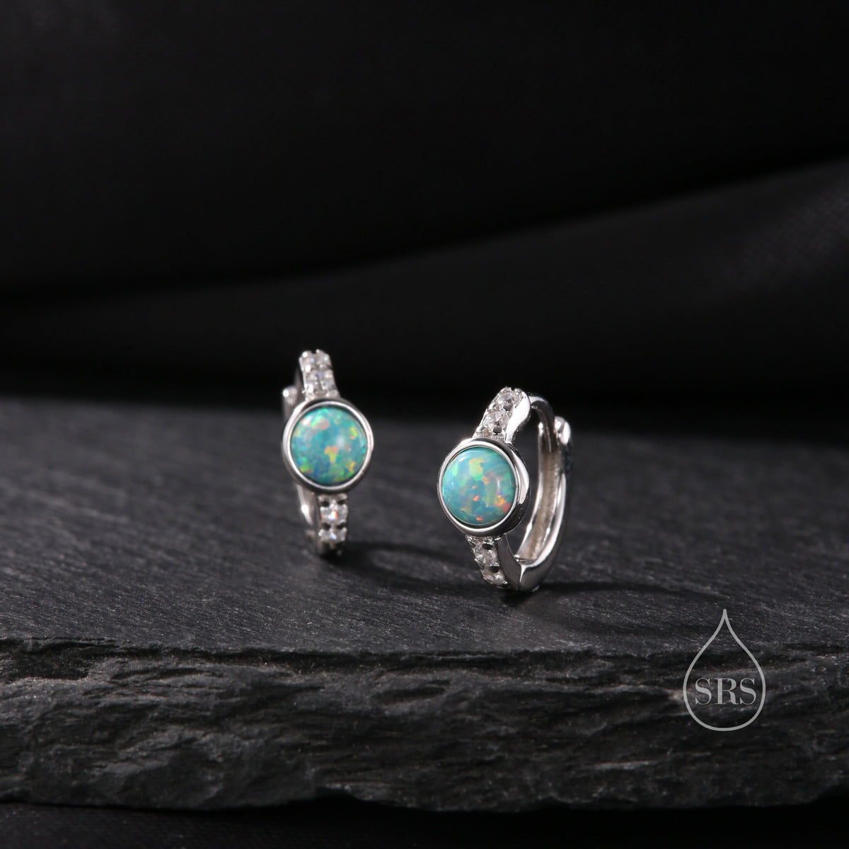 Aqua Green Opal CZ Huggie Hoop Earrings in Sterling Silver, Silver or Gold, Tiny Opal Hoops, Opal Hoops, Single Opal Hoops