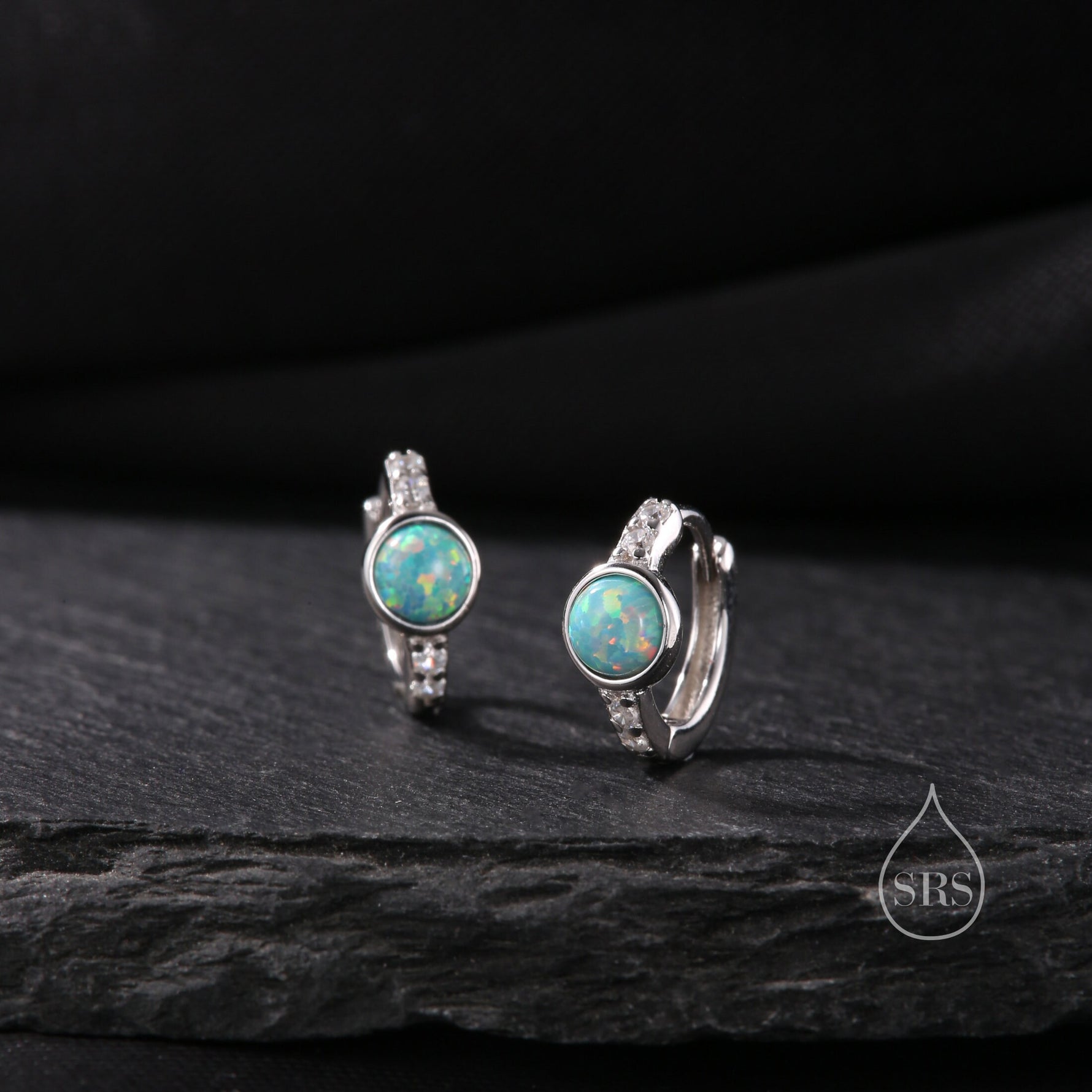 Aqua Green Opal CZ Huggie Hoop Earrings in Sterling Silver, Silver or Gold, Tiny Opal Hoops, Opal Hoops, Single Opal Hoops