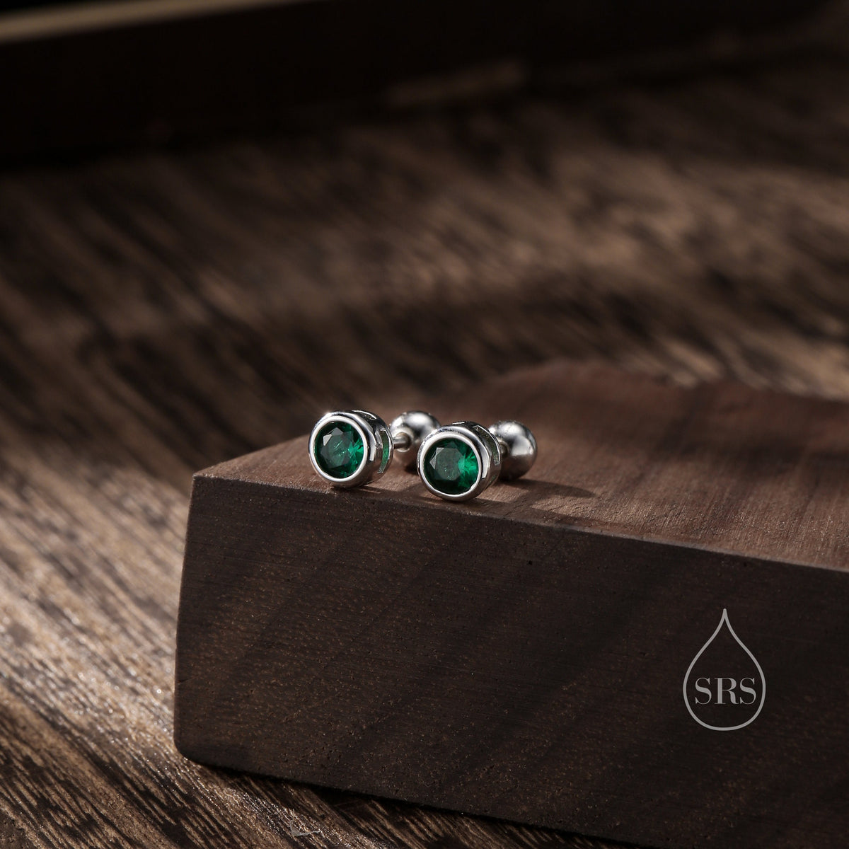 Emerald Green Bezel CZ Screw Back Earrings or Stud Earrings