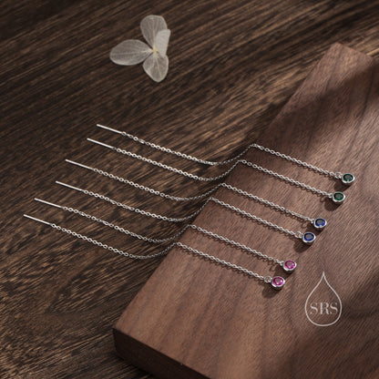 4mm Sapphire Blue CZ Threader Earrings in Sterling Silver, Silver or Gold, Tiny Dot Crystal Ear Threaders, Bezel CZ Ear Threaders