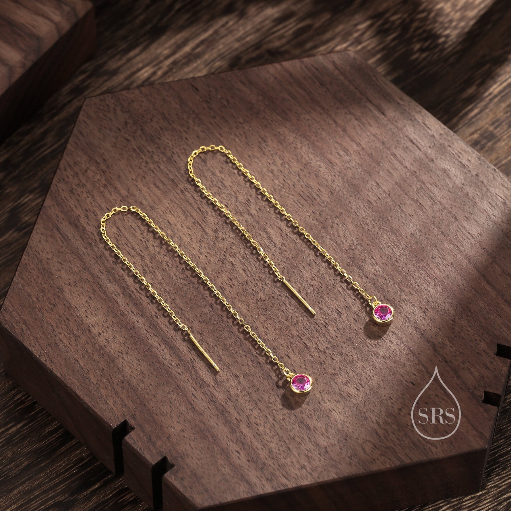 4mm Ruby Pink CZ Threader Earrings in Sterling Silver, Silver or Gold, Tiny Dot Crystal Ear Threaders, Bezel CZ Ear Threaders, Minimalist