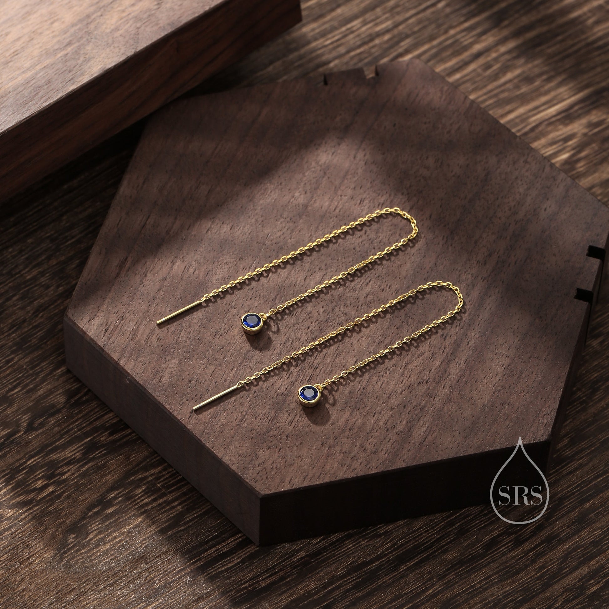 4mm Sapphire Blue CZ Threader Earrings in Sterling Silver, Silver or Gold, Tiny Dot Crystal Ear Threaders, Bezel CZ Ear Threaders