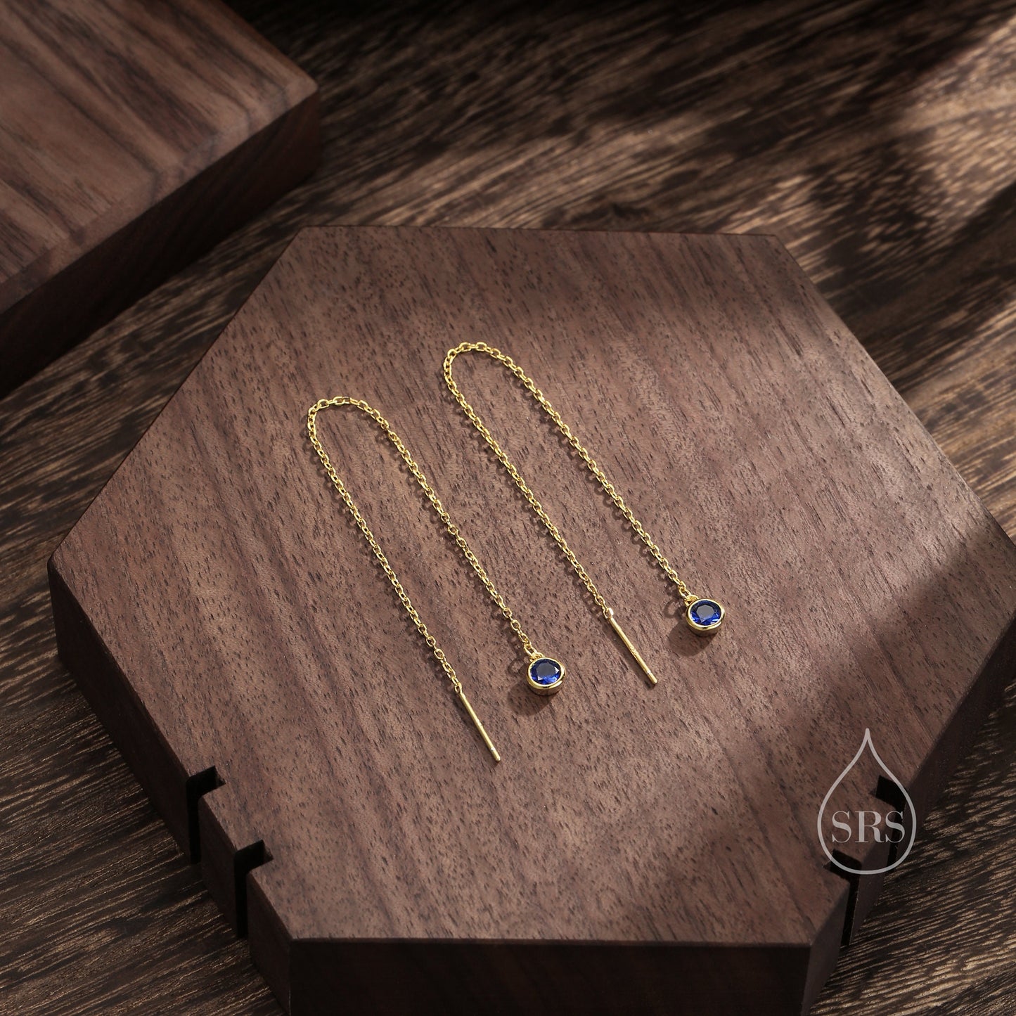 4mm Sapphire Blue CZ Threader Earrings in Sterling Silver, Silver or Gold, Tiny Dot Crystal Ear Threaders, Bezel CZ Ear Threaders