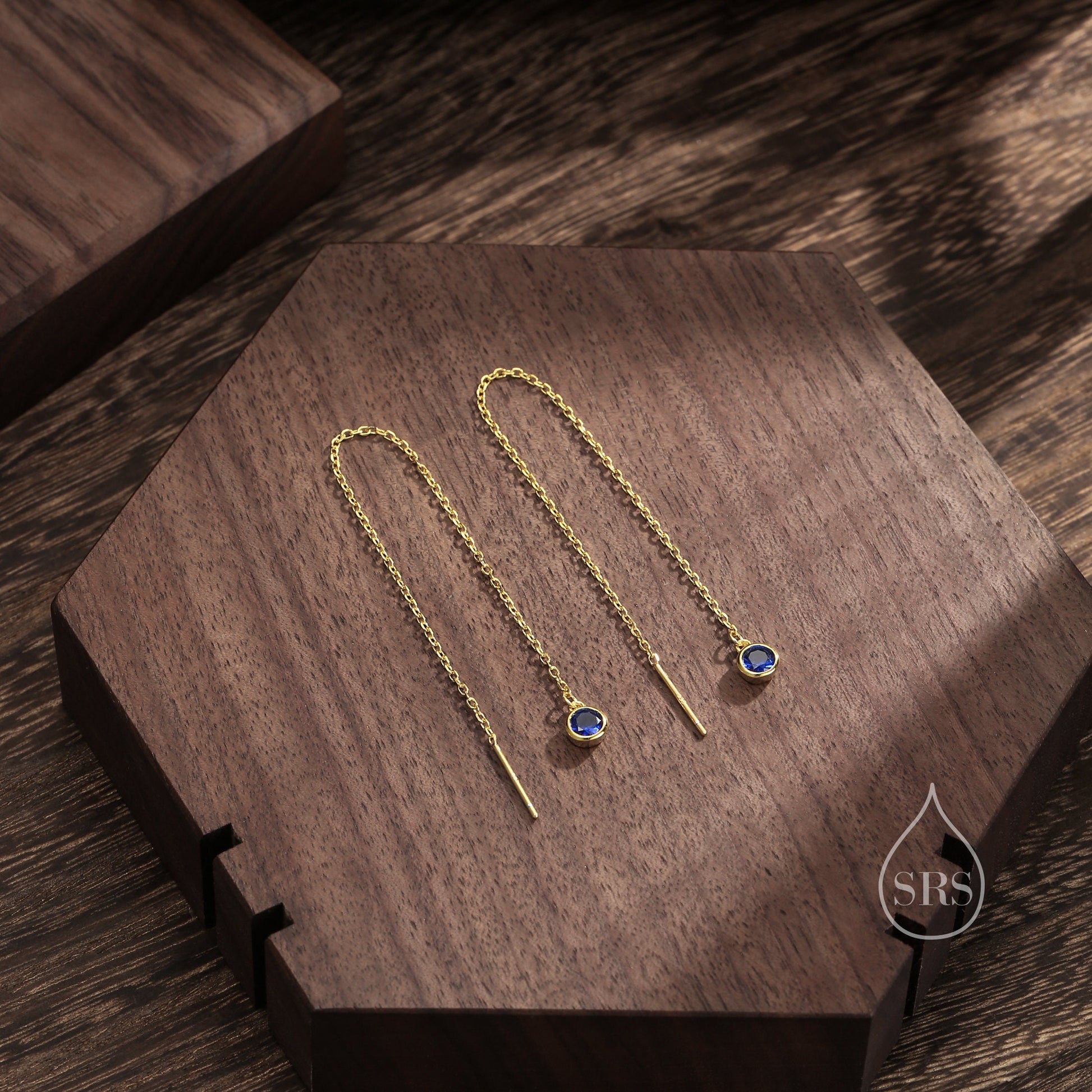 4mm Sapphire Blue CZ Threader Earrings in Sterling Silver, Silver or Gold, Tiny Dot Crystal Ear Threaders, Bezel CZ Ear Threaders