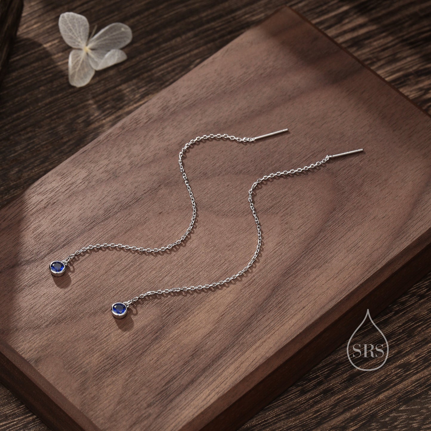 4mm Sapphire Blue CZ Threader Earrings in Sterling Silver, Silver or Gold, Tiny Dot Crystal Ear Threaders, Bezel CZ Ear Threaders