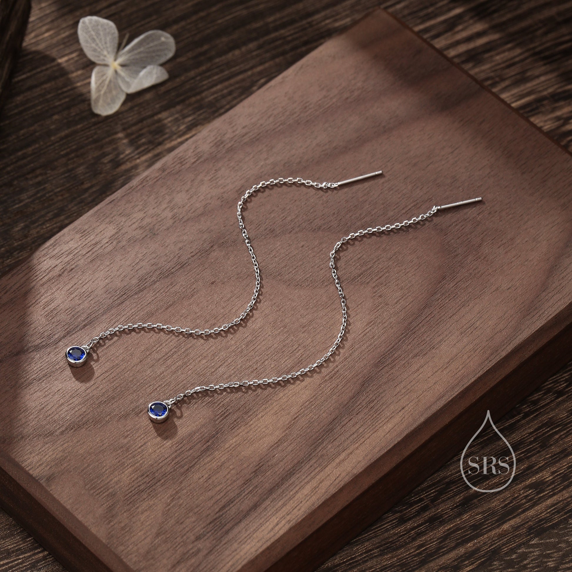 4mm Sapphire Blue CZ Threader Earrings in Sterling Silver, Silver or Gold, Tiny Dot Crystal Ear Threaders, Bezel CZ Ear Threaders