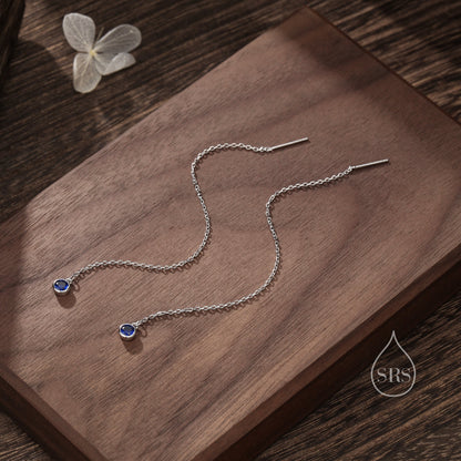 4mm Sapphire Blue CZ Threader Earrings in Sterling Silver, Silver or Gold, Tiny Dot Crystal Ear Threaders, Bezel CZ Ear Threaders