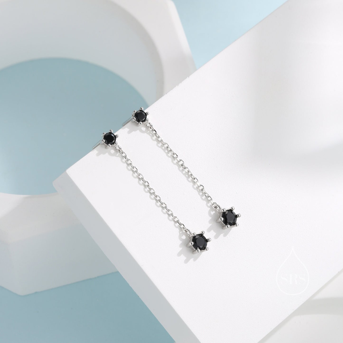 Black CZ Dangle Chain Stud Drop Earrings in Sterling Silver, Silver or Gold, Geometric Double CZ Chain Earrings, CZ Long Drop Earrings