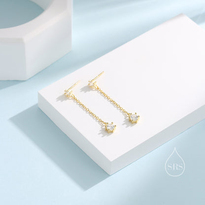 Clear CZ Dangle Chain Stud Drop Earrings in Sterling Silver, Silver or Gold, Geometric Double CZ Chain Earrings, CZ Drop Earrings