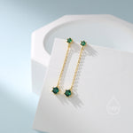 Emerald Green CZ Dangle Chain Stud Drop Earrings in Sterling Silver, Silver or Gold, Geometric Double CZ Chain Earrings, CZ Drop Earrings