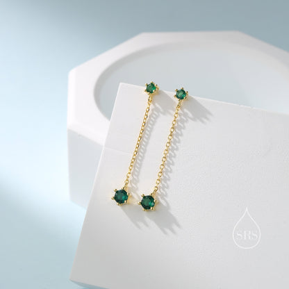 Emerald Green CZ Dangle Chain Stud Drop Earrings in Sterling Silver, Silver or Gold, Geometric Double CZ Chain Earrings, CZ Drop Earrings