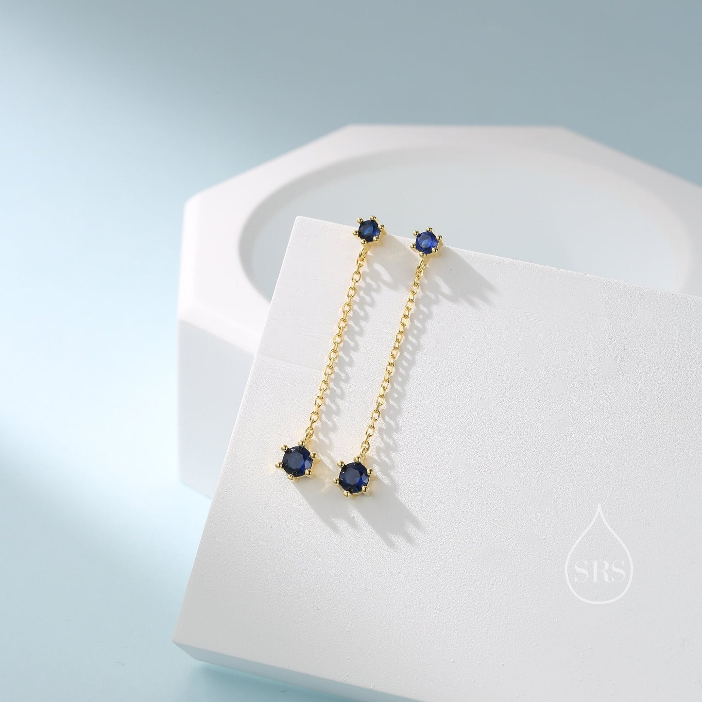 Sapphire Blue CZ Dangle Chain Stud Drop Earrings in Sterling Silver, Silver or Gold, Geometric Double CZ Chain Earrings, CZ Drop Earrings