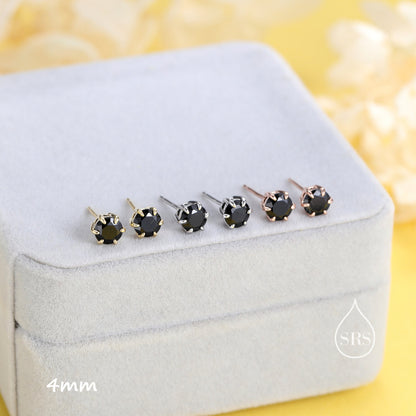 Prong Set Black CZ Stud Earrings in Sterling Silver, Silver or Gold, 3mm, 4mm, 5mm, 6mm 6 Prong CZ Earrings