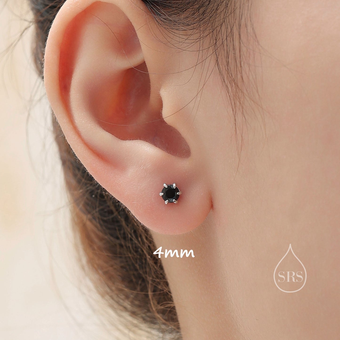 Prong Set Black CZ Stud Earrings in Sterling Silver, Silver or Gold, 3mm, 4mm, 5mm, 6mm 6 Prong CZ Earrings