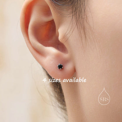 Prong Set Black CZ Stud Earrings in Sterling Silver, Silver or Gold, 3mm, 4mm, 5mm, 6mm 6 Prong CZ Earrings