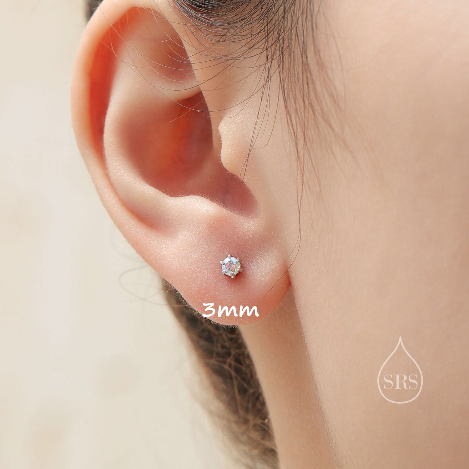 Prong Set Aurora CZ Stud Earrings in Sterling Silver, Silver or Gold or Rose Gold, 3mm, 5mm, 6mm 6 Prong, Colour Changing AB CZ Stud Earring