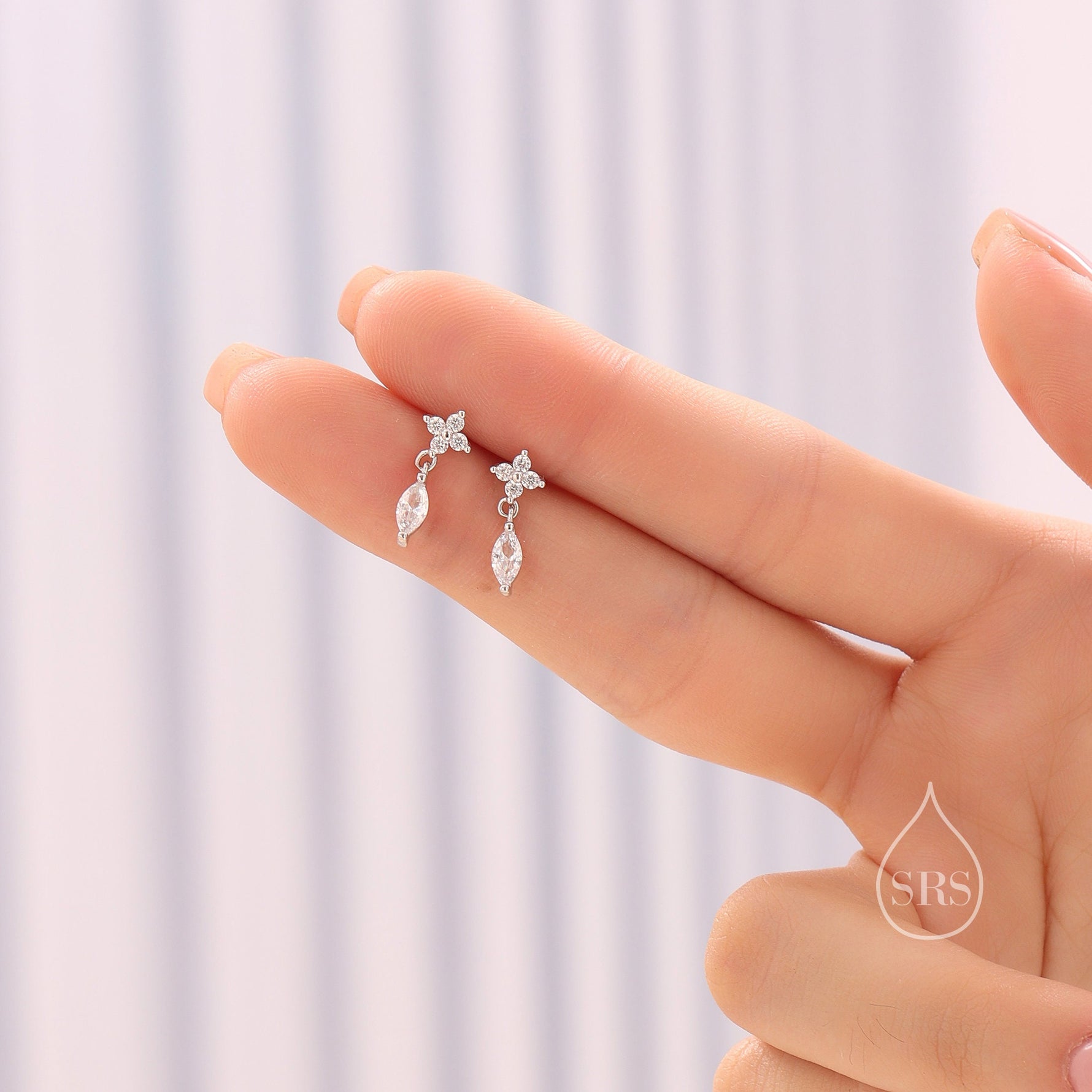 Sterling Silver Four CZ and Marquise Stud Earrings, Hydrangea CZ Earrings, CZ Dangle Stud Earrings, Silver or Gold, Available in 4 Colours