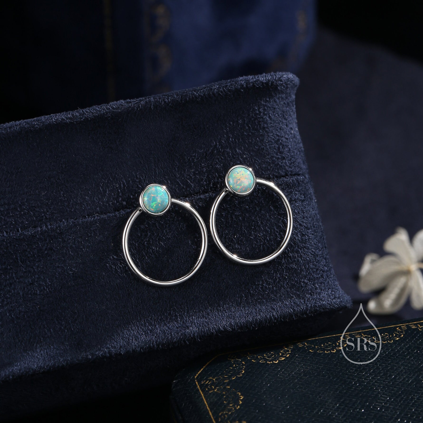 Double Circle Aqua Green Opal Ear Jacket in Sterling Silver, Two Way Detachable Circle Earrings, Front and Back Lab Opal Earring