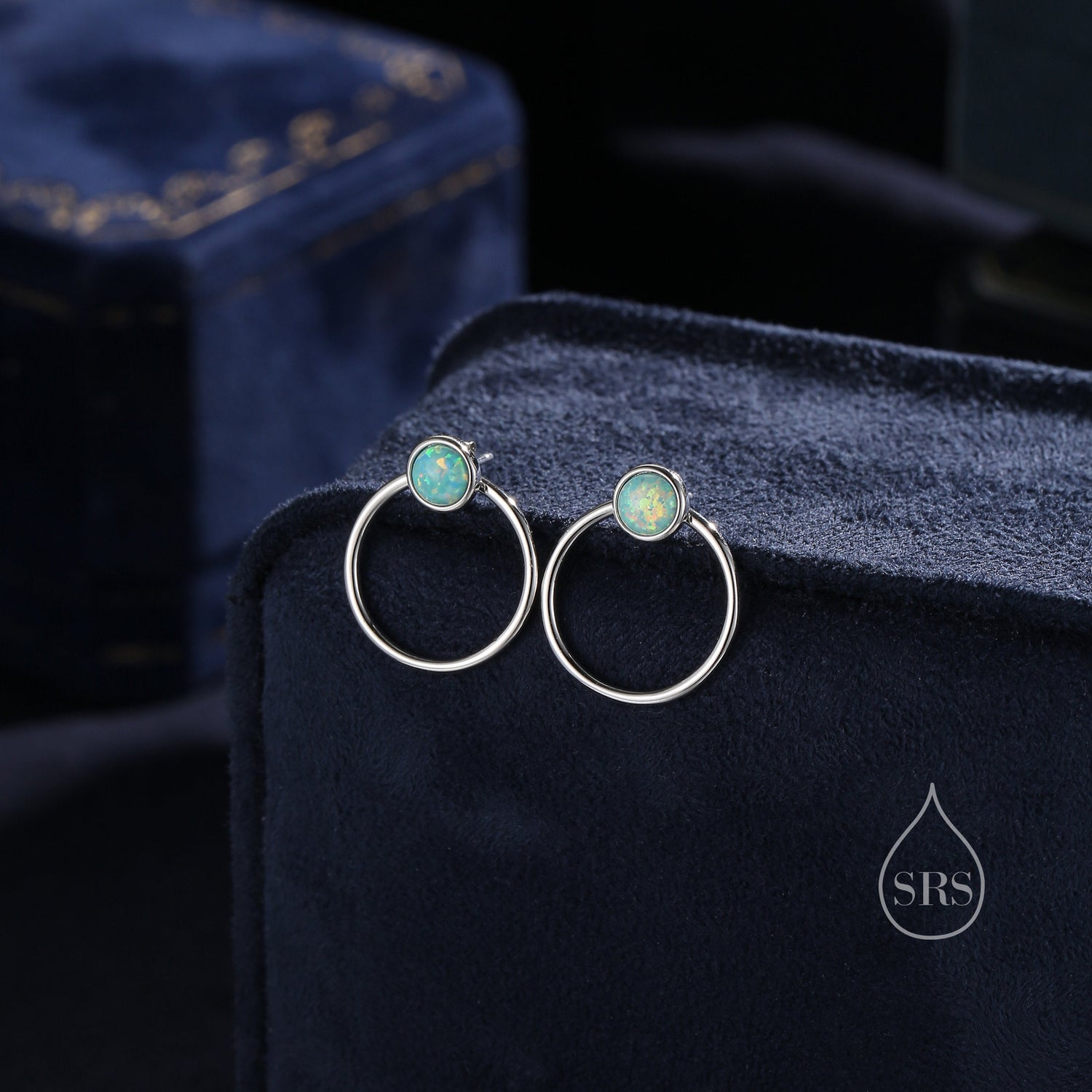 Double Circle Aqua Green Opal Ear Jacket in Sterling Silver, Two Way Detachable Circle Earrings, Front and Back Lab Opal Earring