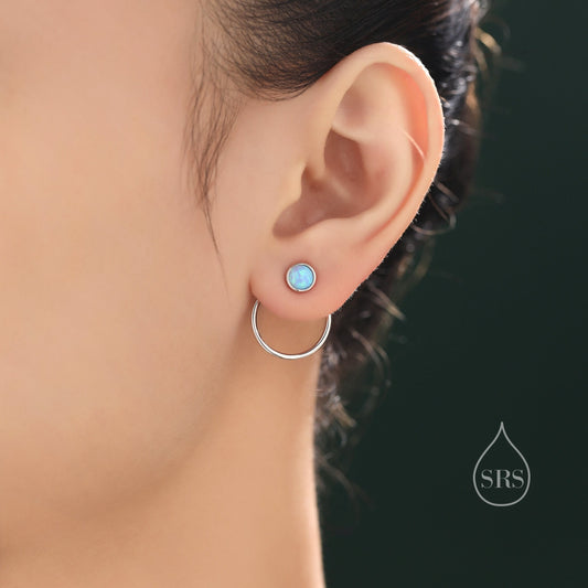 Double Circle Blue Opal Ear Jacket in Sterling Silver,  Two Way Detachable Circle Earrings, Front and Back Lab Opal Earring