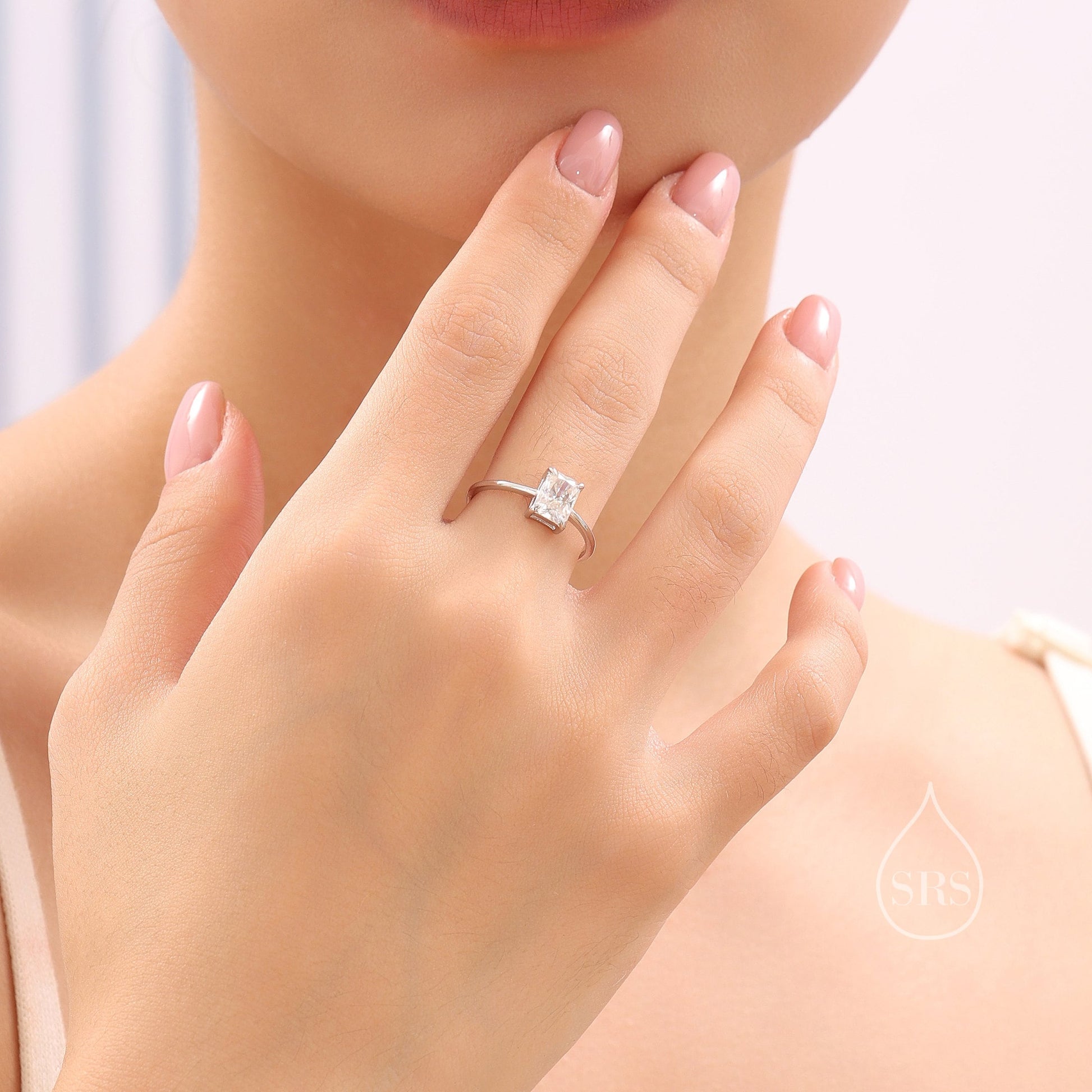 1 Carat Emerald Cut Moissanite Diamond Classic Single Stone Engagement Ring in Sterling Silver, Genuine Moissanite Baguette Ring, US 5-8