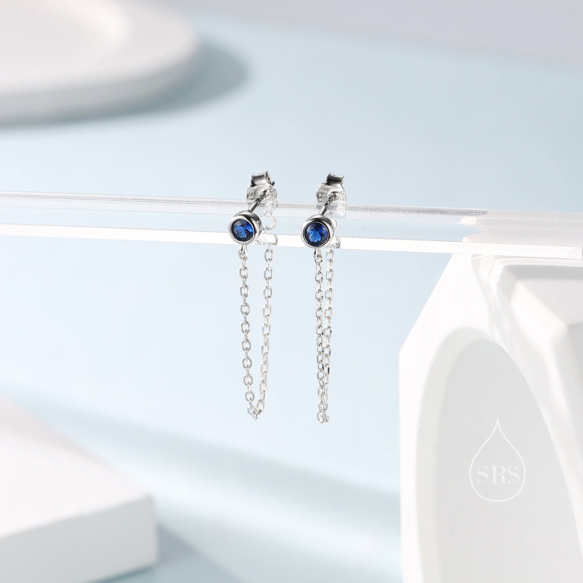 Sapphire Blue CZ Chain Ear Jacket in Sterling Silver, Silver or Gold, Front and Back Earrings, Two Part Earrings, Linking Chain Earrings