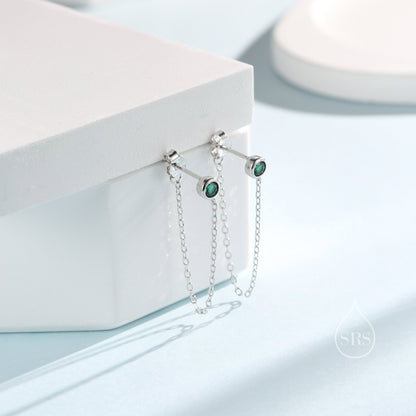 Emerald Green CZ Chain Ear Jacket in Sterling Silver,  Silver or Gold, Front and Back Earrings, Two Part Earrings,  Linking Chain Earrings