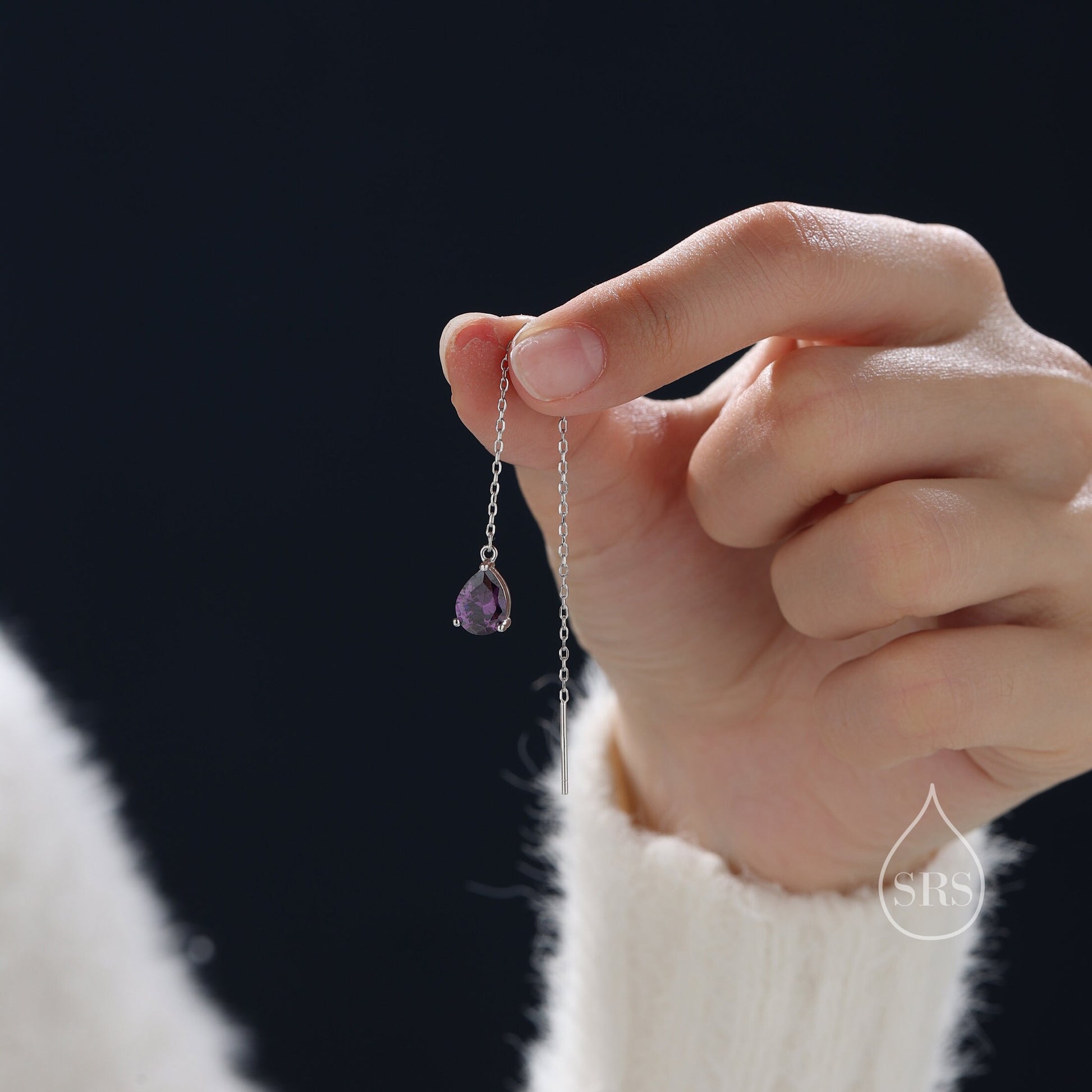 Amethyst Purple Droplet Threader Earrings in Sterling Silver, Silver or Gold, Pear Cut CZ Long Ear Threaders, Sparkly CZ Threaders
