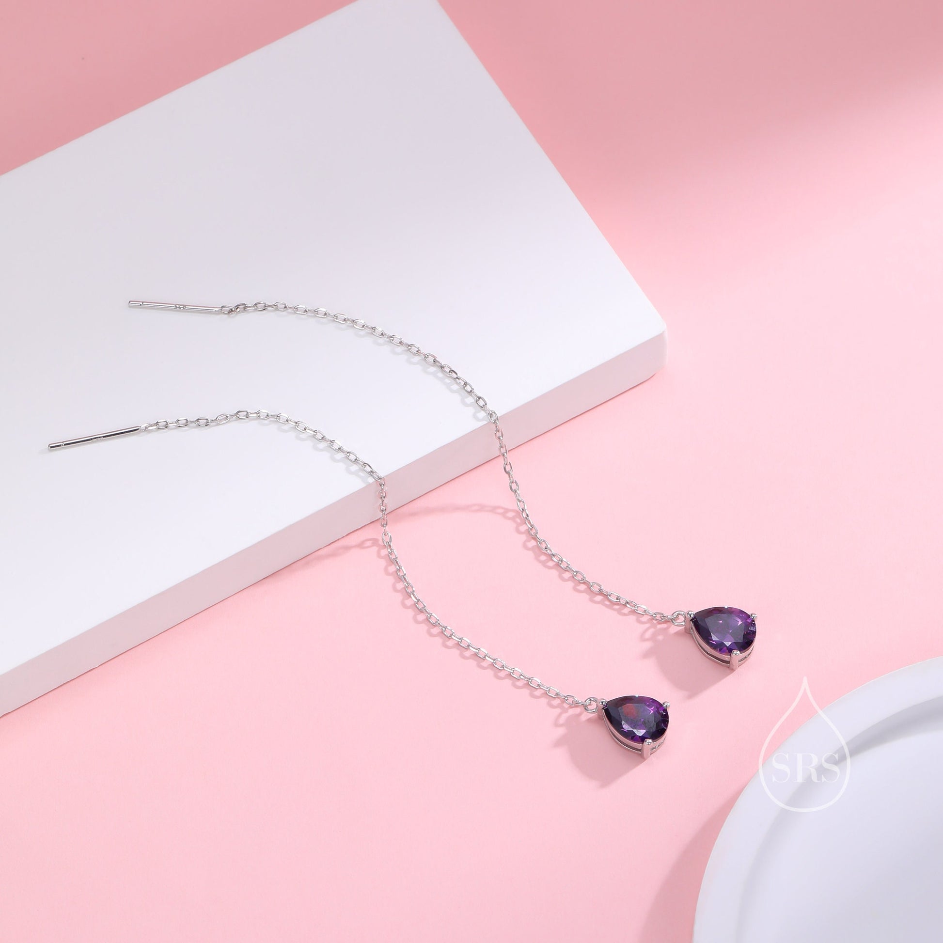 Amethyst Purple Droplet Threader Earrings in Sterling Silver, Silver or Gold, Pear Cut CZ Long Ear Threaders, Sparkly CZ Threaders
