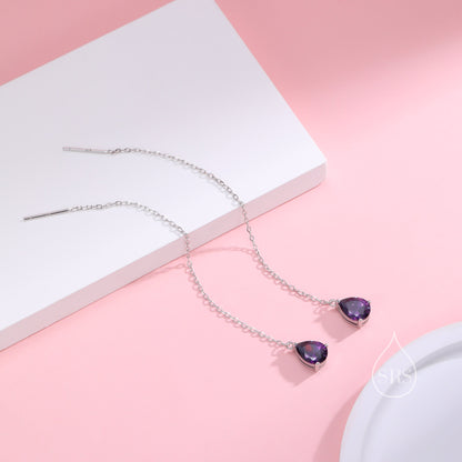 Amethyst Purple Droplet Threader Earrings in Sterling Silver, Silver or Gold, Pear Cut CZ Long Ear Threaders, Sparkly CZ Threaders