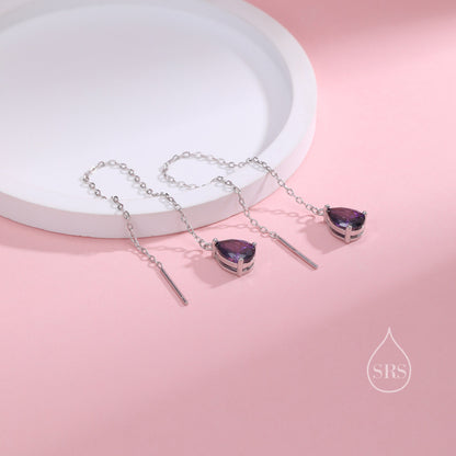 Amethyst Purple Droplet Threader Earrings in Sterling Silver, Silver or Gold, Pear Cut CZ Long Ear Threaders, Sparkly CZ Threaders