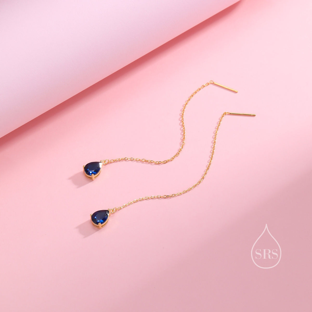 Sapphire Blue CZ Droplet Threader Earrings in Sterling Silver, Silver or Gold, Pear Cut CZ Long Ear Threaders, Sparkly CZ Threaders