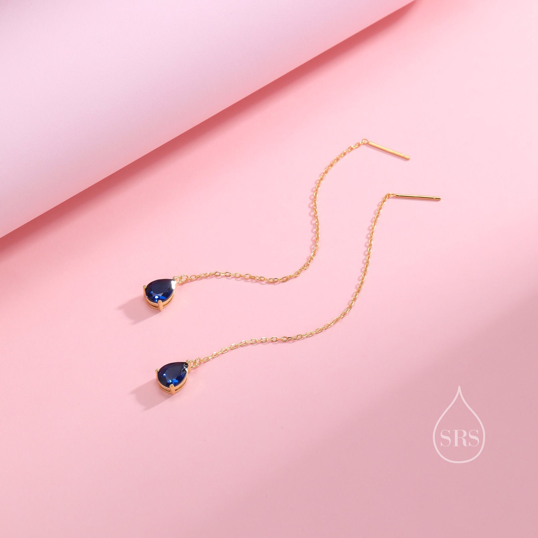 Sapphire Blue CZ Droplet Threader Earrings in Sterling Silver, Silver or Gold, Pear Cut CZ Long Ear Threaders, Sparkly CZ Threaders