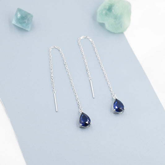 Sapphire Blue CZ Droplet Threader Earrings in Sterling Silver, Silver or Gold, Pear Cut CZ Long Ear Threaders, Sparkly CZ Threaders