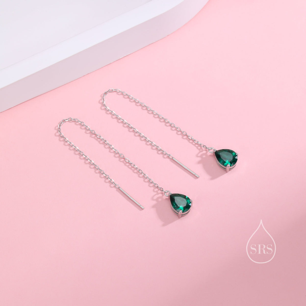 Emerald Green Droplet CZ Threader Earrings in Sterling Silver, Silver or Gold, Pear Cut CZ Long Ear Threaders, Sparkly CZ Threaders