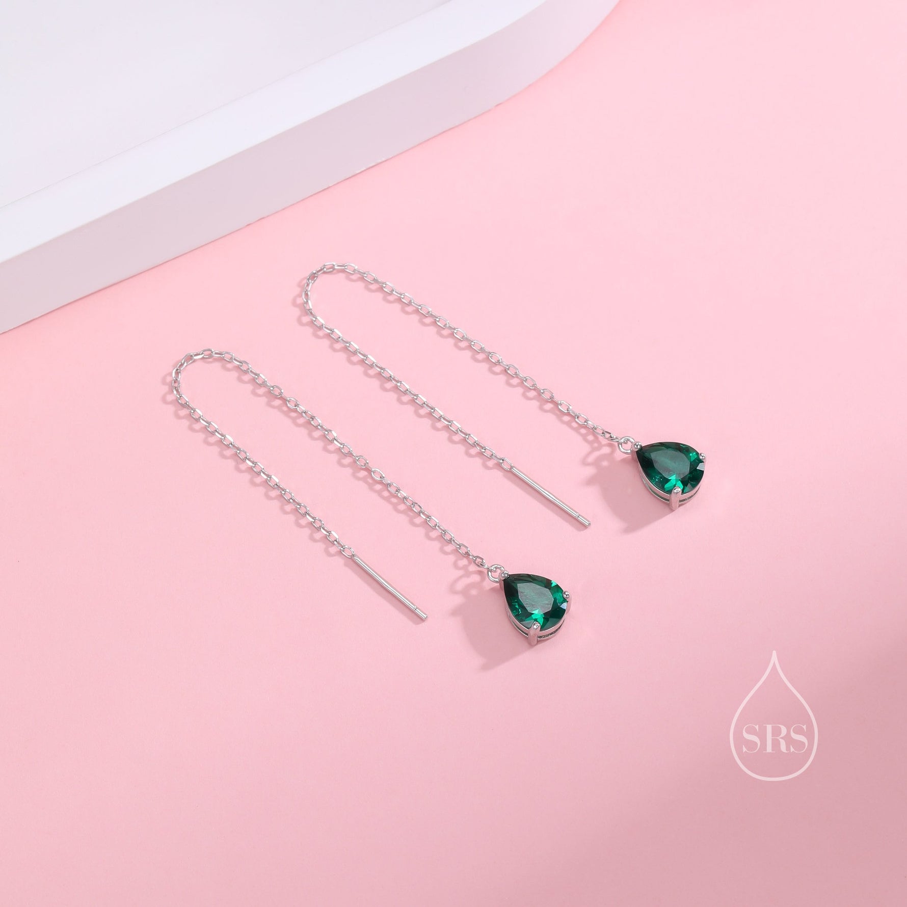 Emerald Green Droplet CZ Threader Earrings in Sterling Silver, Silver or Gold, Pear Cut CZ Long Ear Threaders, Sparkly CZ Threaders