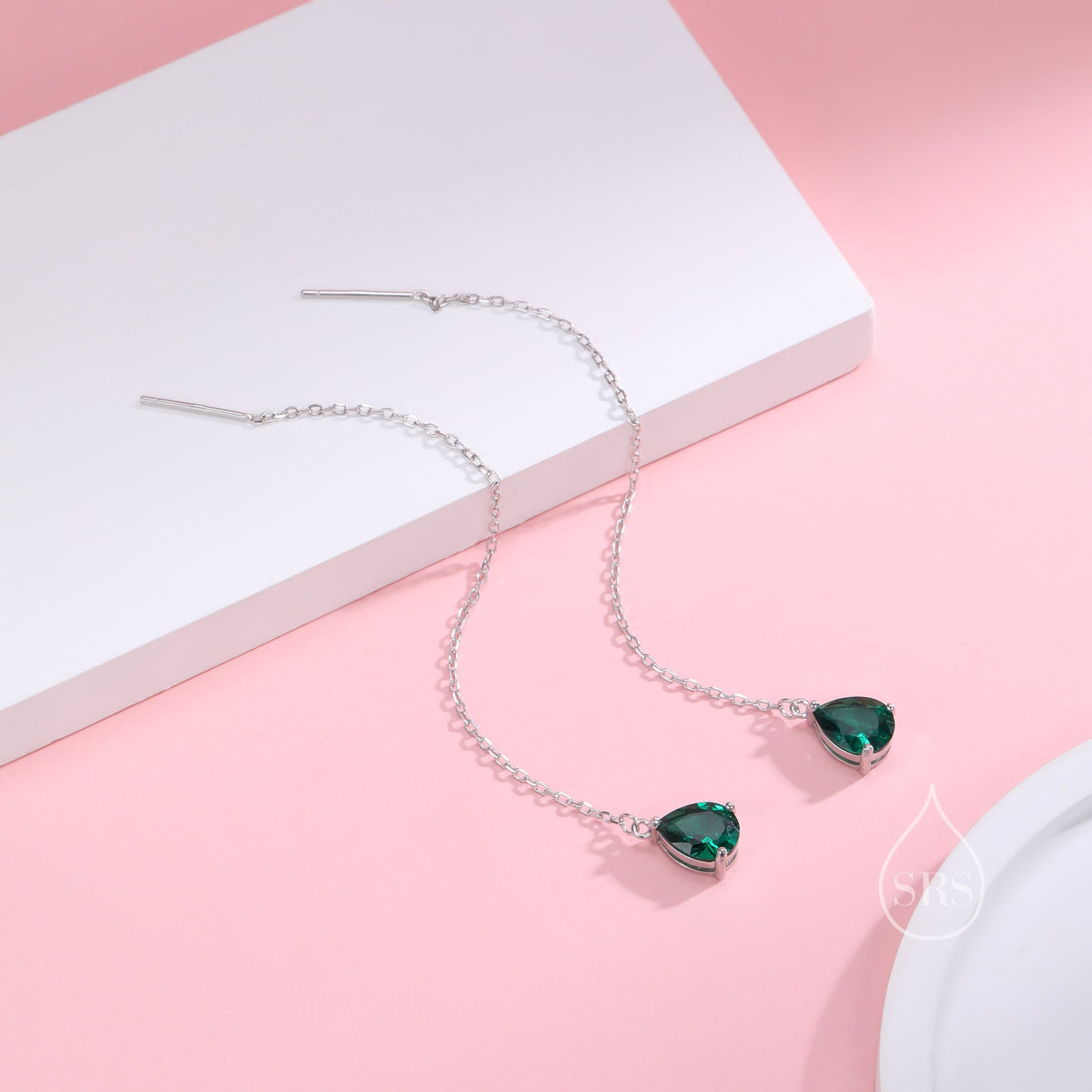 Emerald Green Droplet CZ Threader Earrings in Sterling Silver, Silver or Gold, Pear Cut CZ Long Ear Threaders, Sparkly CZ Threaders
