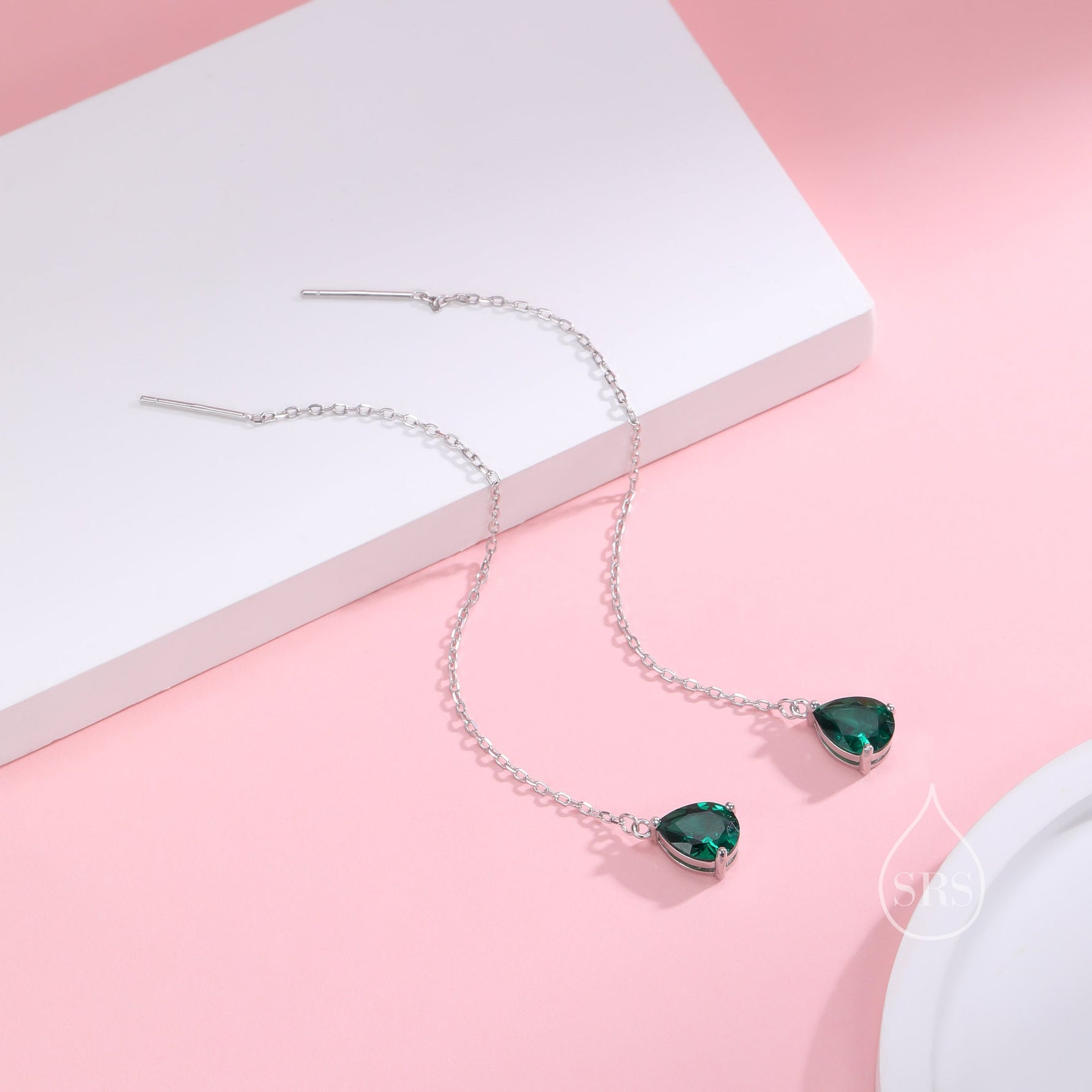 Emerald Green Droplet CZ Threader Earrings in Sterling Silver, Silver or Gold, Pear Cut CZ Long Ear Threaders, Sparkly CZ Threaders