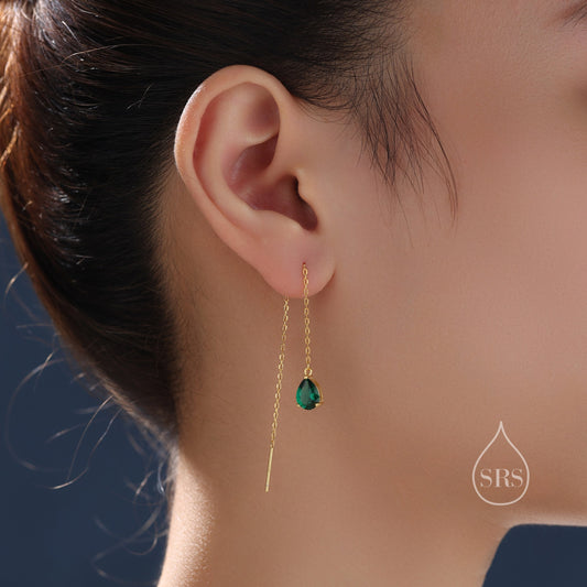 Emerald Green Droplet CZ Threader Earrings in Sterling Silver, Silver or Gold,  Pear Cut CZ Long Ear Threaders, Sparkly CZ Threaders