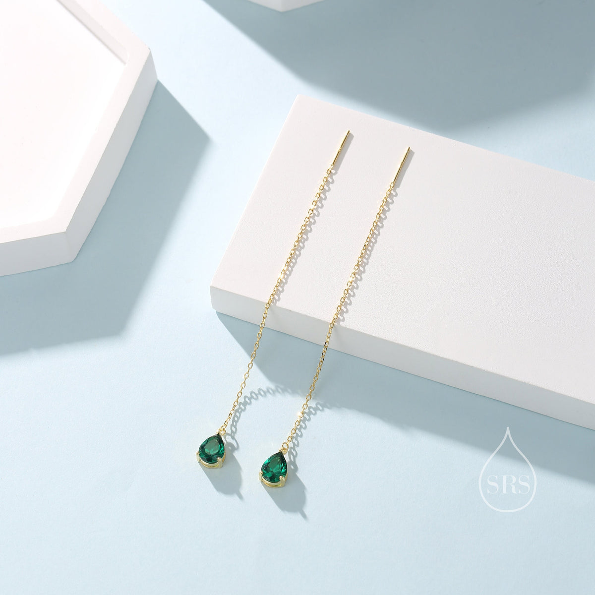 Emerald Green Droplet CZ Threader Earrings in Sterling Silver, Silver or Gold, Pear Cut CZ Long Ear Threaders, Sparkly CZ Threaders