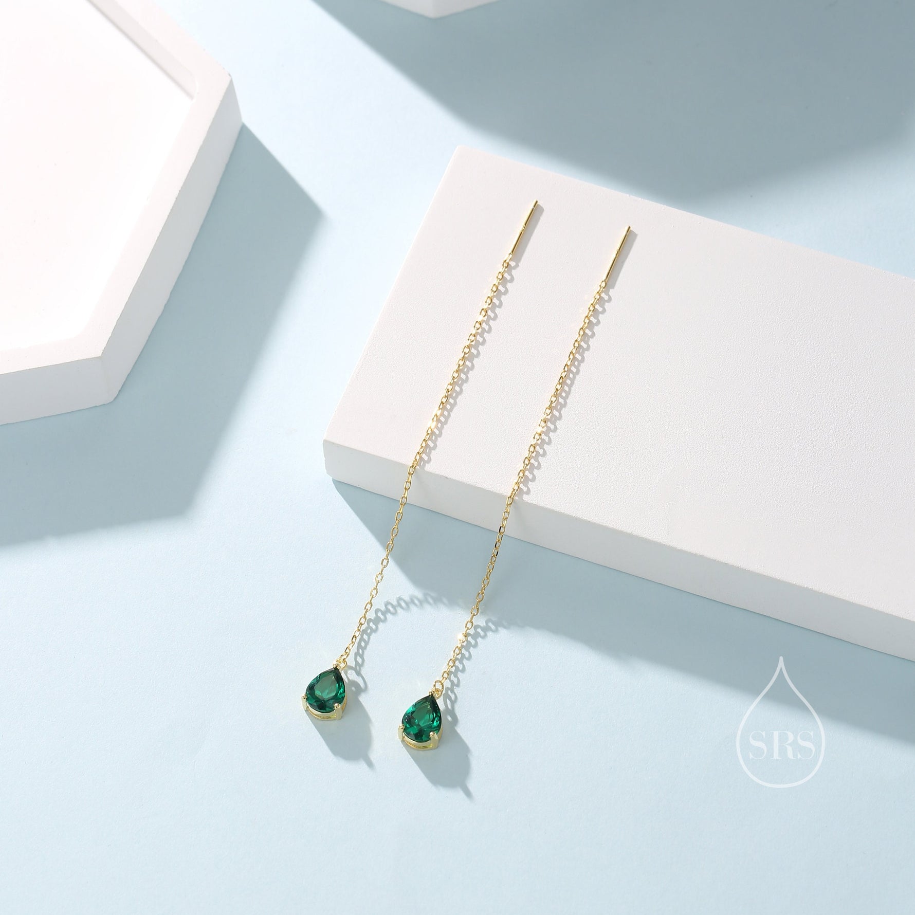 Emerald Green Droplet CZ Threader Earrings in Sterling Silver, Silver or Gold, Pear Cut CZ Long Ear Threaders, Sparkly CZ Threaders
