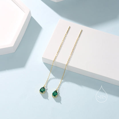 Emerald Green Droplet CZ Threader Earrings in Sterling Silver, Silver or Gold,  Pear Cut CZ Long Ear Threaders, Sparkly CZ Threaders