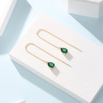 Emerald Green Droplet CZ Threader Earrings in Sterling Silver, Silver or Gold, Pear Cut CZ Long Ear Threaders, Sparkly CZ Threaders