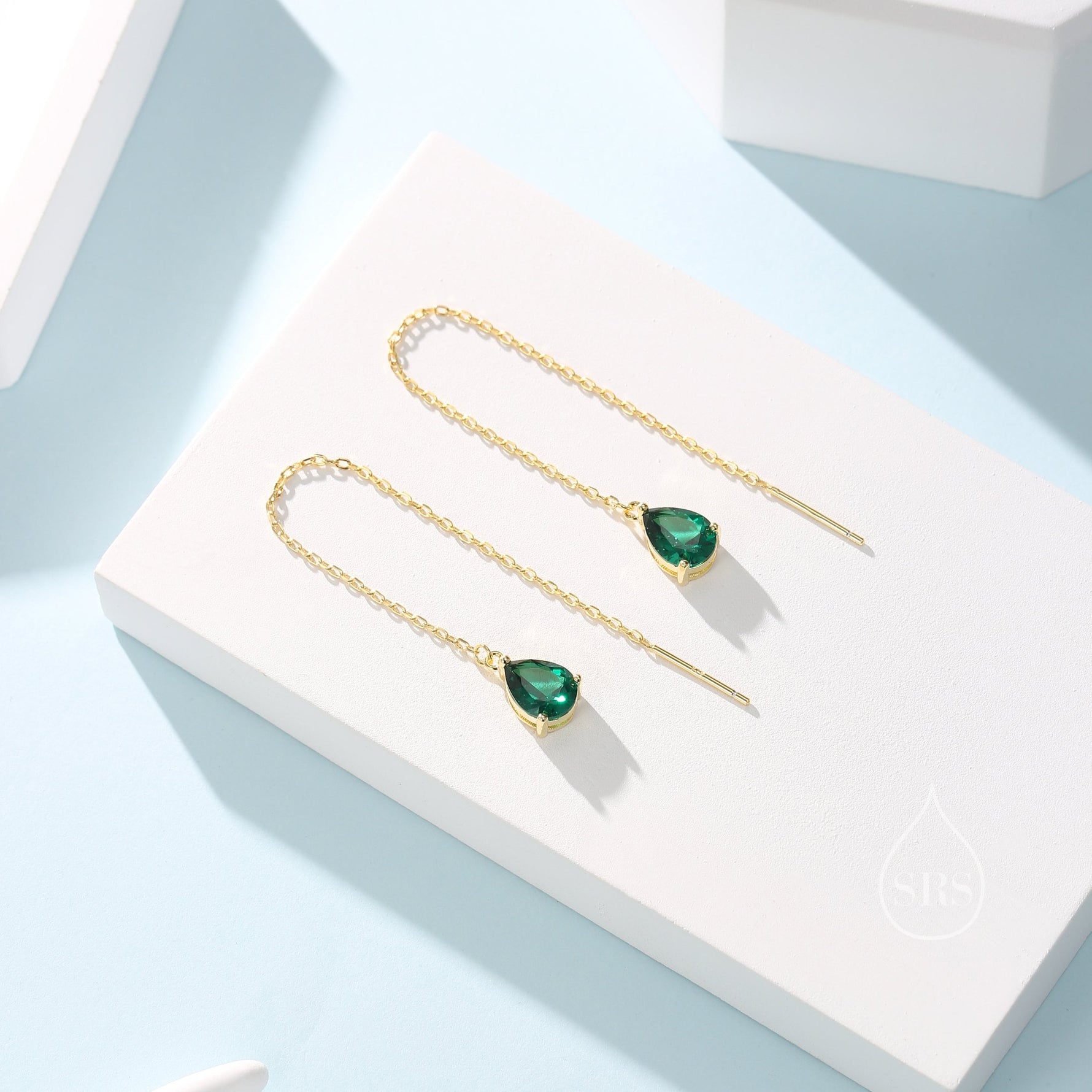 Emerald Green Droplet CZ Threader Earrings in Sterling Silver, Silver or Gold, Pear Cut CZ Long Ear Threaders, Sparkly CZ Threaders