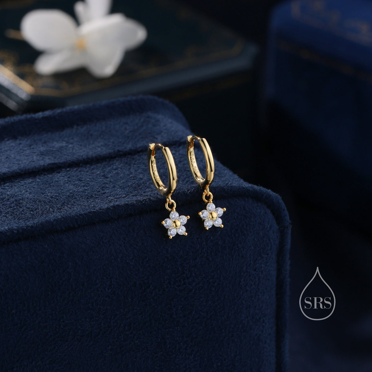 Extra Tiny CZ Flower Huggie Hoop Earrings in Sterling Silver, Silver or Gold or Rose Gold, CZ Flower Earrings, Small CZ Flower Huggies