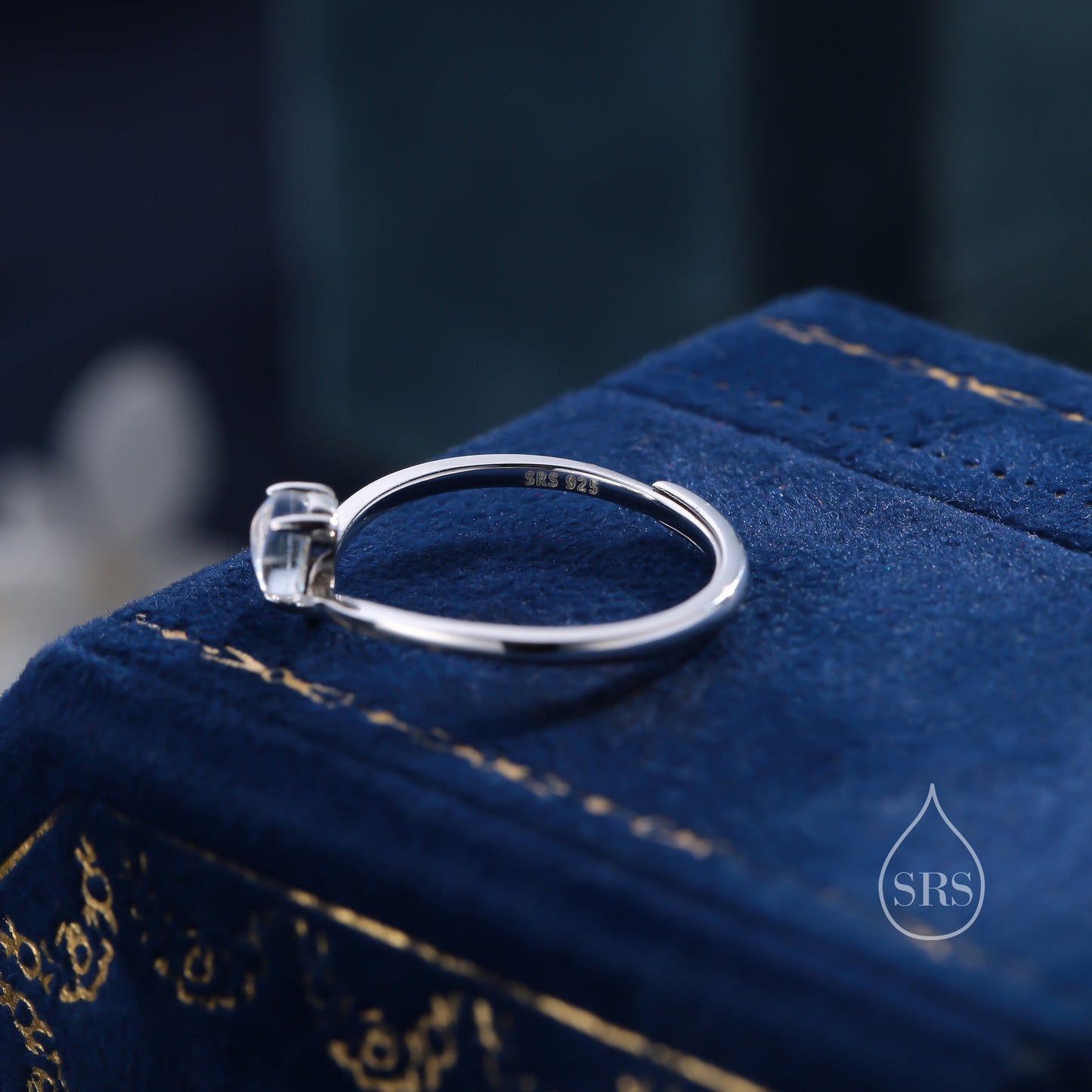 Minimalist Moonstone Droplet V Ring in Sterling Silver, Adjustable Size Prong Set Lab Moonstone Ring, Chevron Ring, Simulated Moonstone Ring