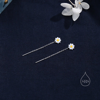 Enamel Daisy Chain Threader Earrings in Sterling Silver, Daisy Flower with a Pull Through Dangle Chain Earrings,  Flower Chain Earrings