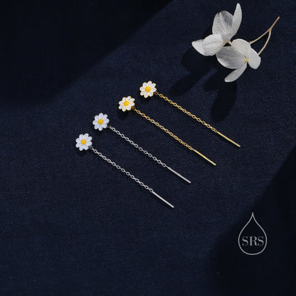 Enamel Daisy Chain Threader Earrings in Sterling Silver, Daisy Flower with a Pull Through Dangle Chain Earrings,  Flower Chain Earrings